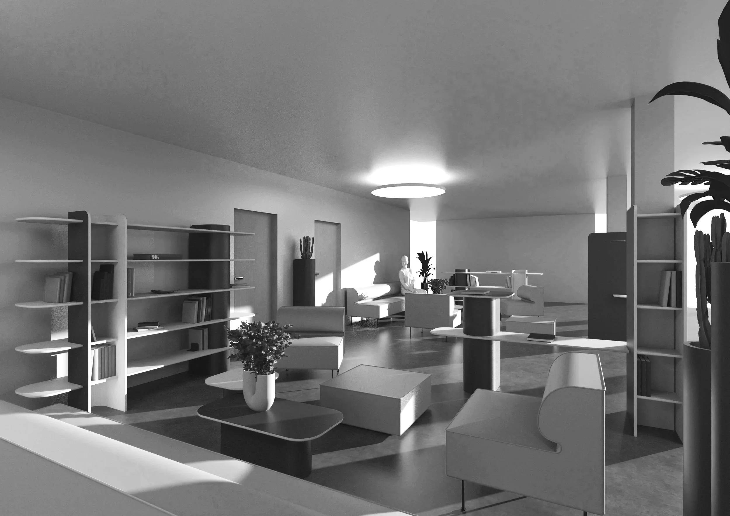 A modern minimalist living space with custom white shelving, contemporary furniture, indoor plants, and a circular ceiling light, showcasing clean interior design and functional living spaces.
