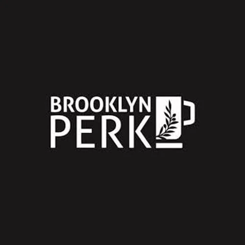 Logo for Brooklyn Perk featuring the text 'Brooklyn Perk' with a coffee mug and plant design.