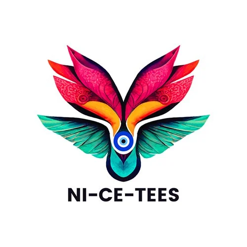 A colorful butterfly with layered wings in pink, orange, teal, and blue, and the word "NI-CE-TEES" below it.