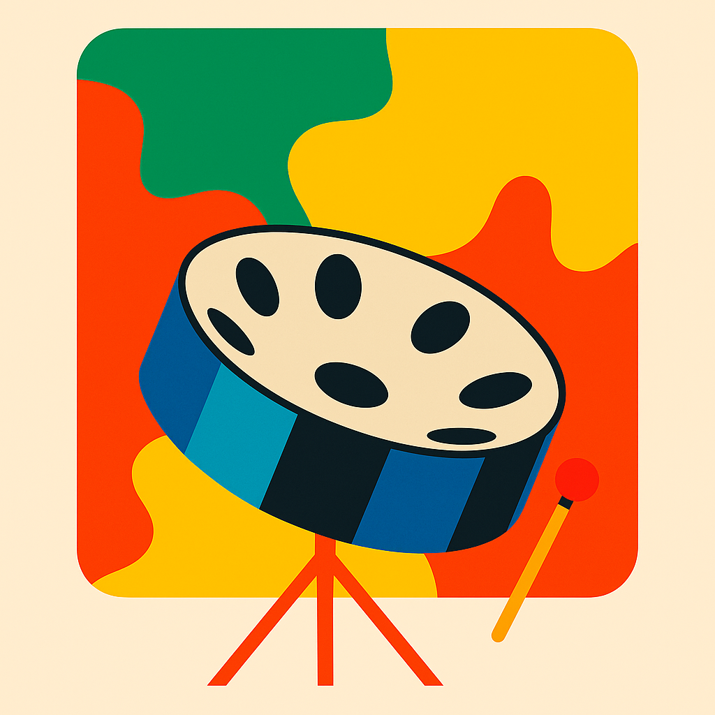 An illustration of a drum set with a colorful, abstract background featuring red, yellow, green, and blue shapes.