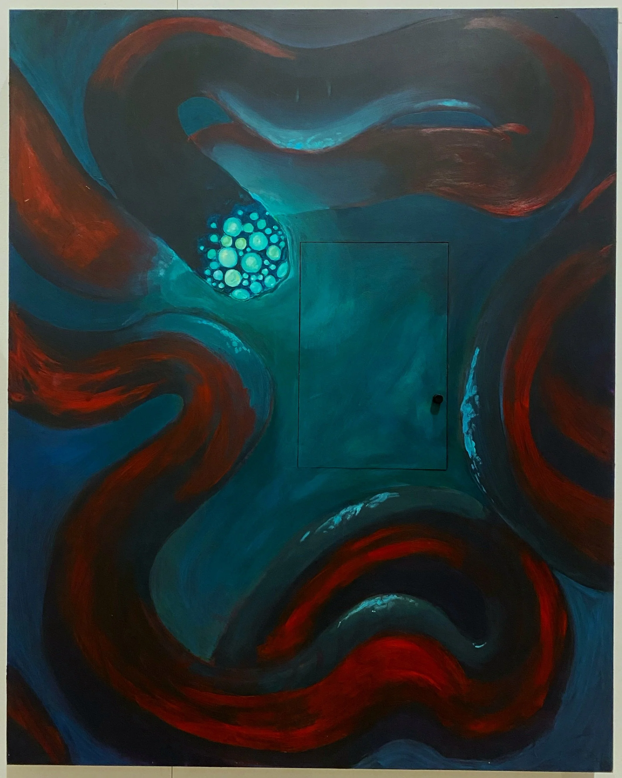 the Librarian, 2022, acrylic paint on panel, hand bound books