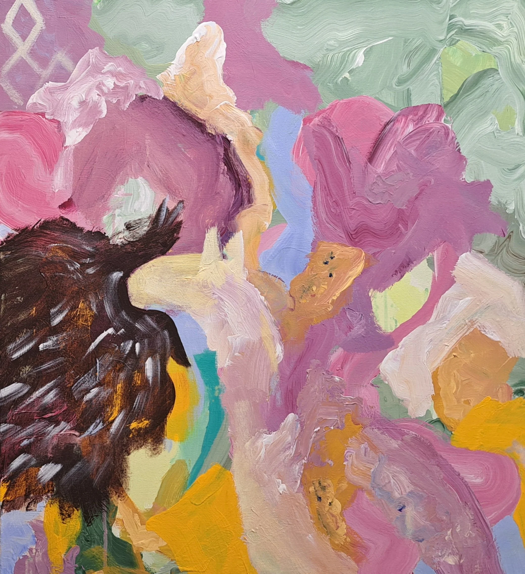 Budbringer med fugl, fra en drøm nede ved elva, 2024, akryl på lerret, 70x60 cm