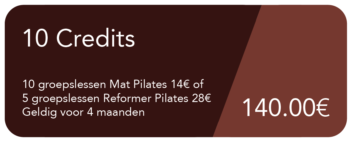 A promotional card displaying a package deal for Pilates classes, including 10 group Mat Pilates classes for 14 euros or 5 group Reform Pilates classes for 28 euros, valid for four months, with a total price of 140 euros.