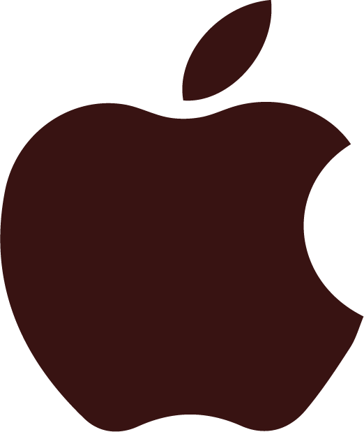 Apple logo in a dark red color.