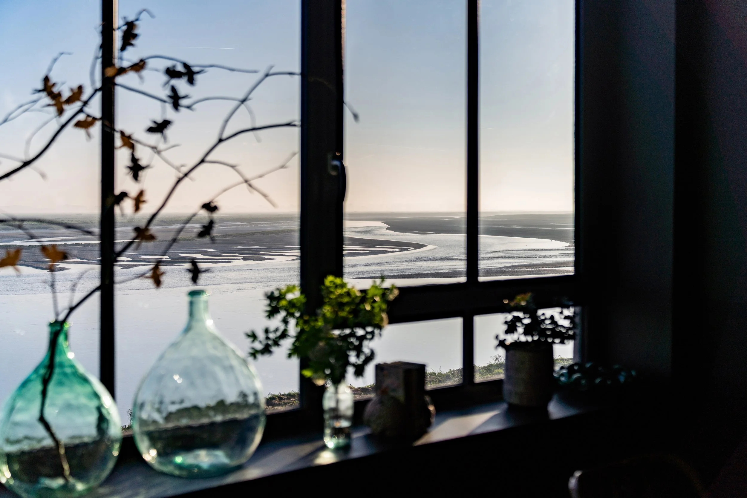 Vue d'un fleuve vu à travers une fenêtre, avec des vases en verre et des plantes sur le rebord, en intérieur.