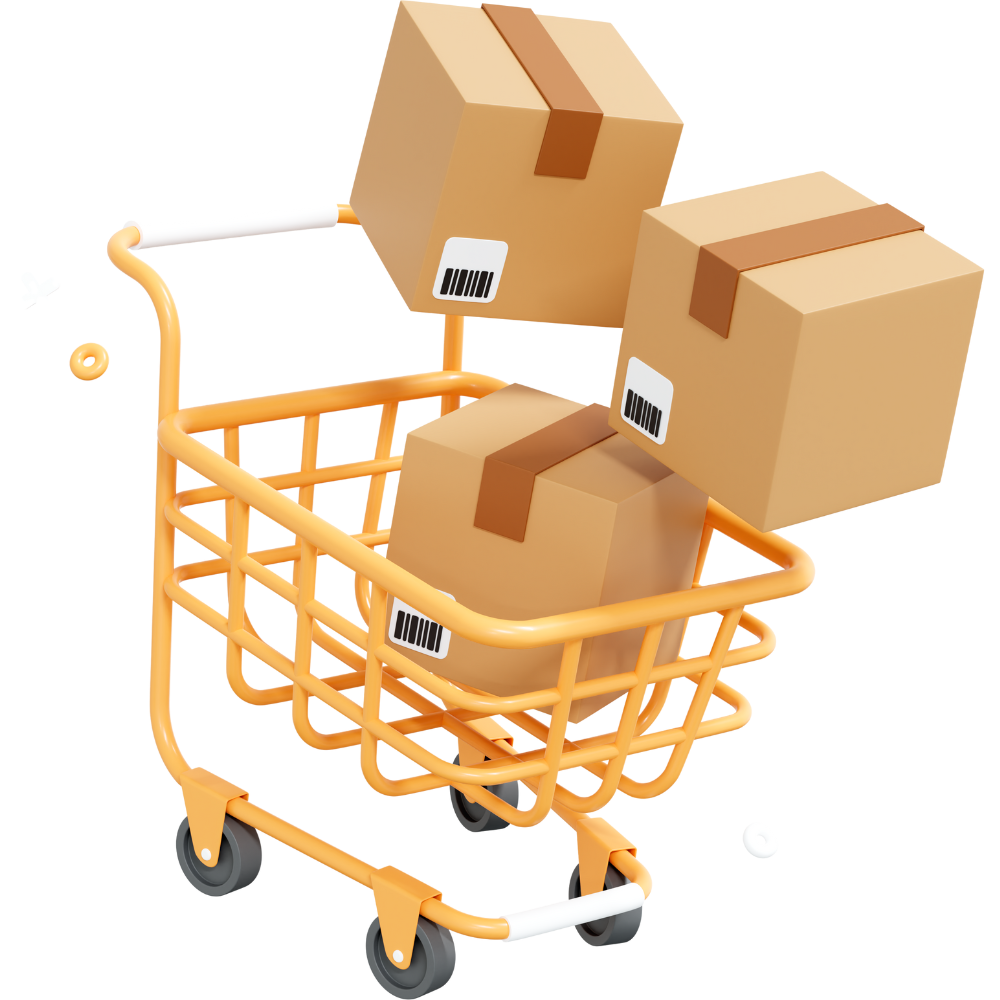 Orange shopping cart filled with three cardboard boxes, each with a barcode sticker and brown packing tape, on a transparent background.