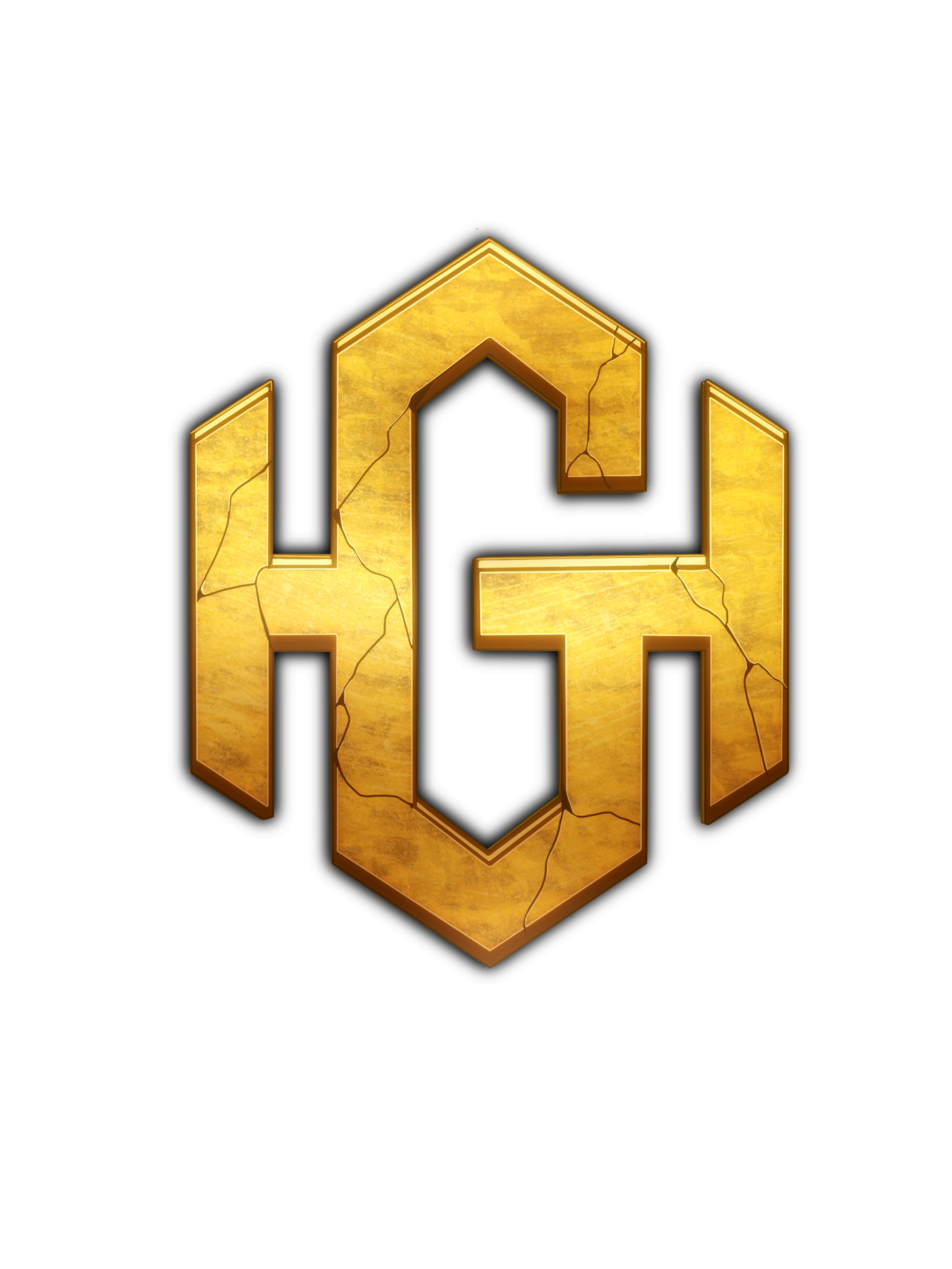 Golden cracked 3D letter logo on black background