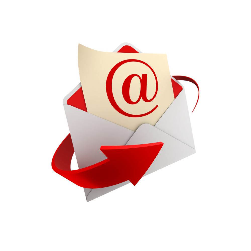 Envelope with a red arrow circling around, containing a piece of paper with an @ symbol, representing email or electronic correspondence.