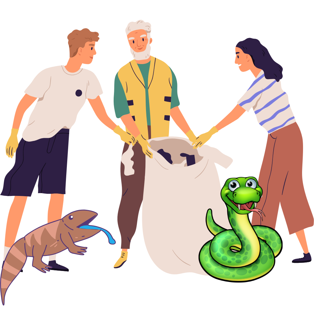 Three people cleaning a large bag full of trash, with a lizard and a snake nearby, during a community cleanup.