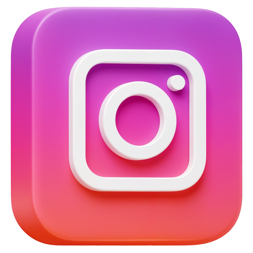 3D Instagram logo icon with a purple to pink gradient background and white camera outline.