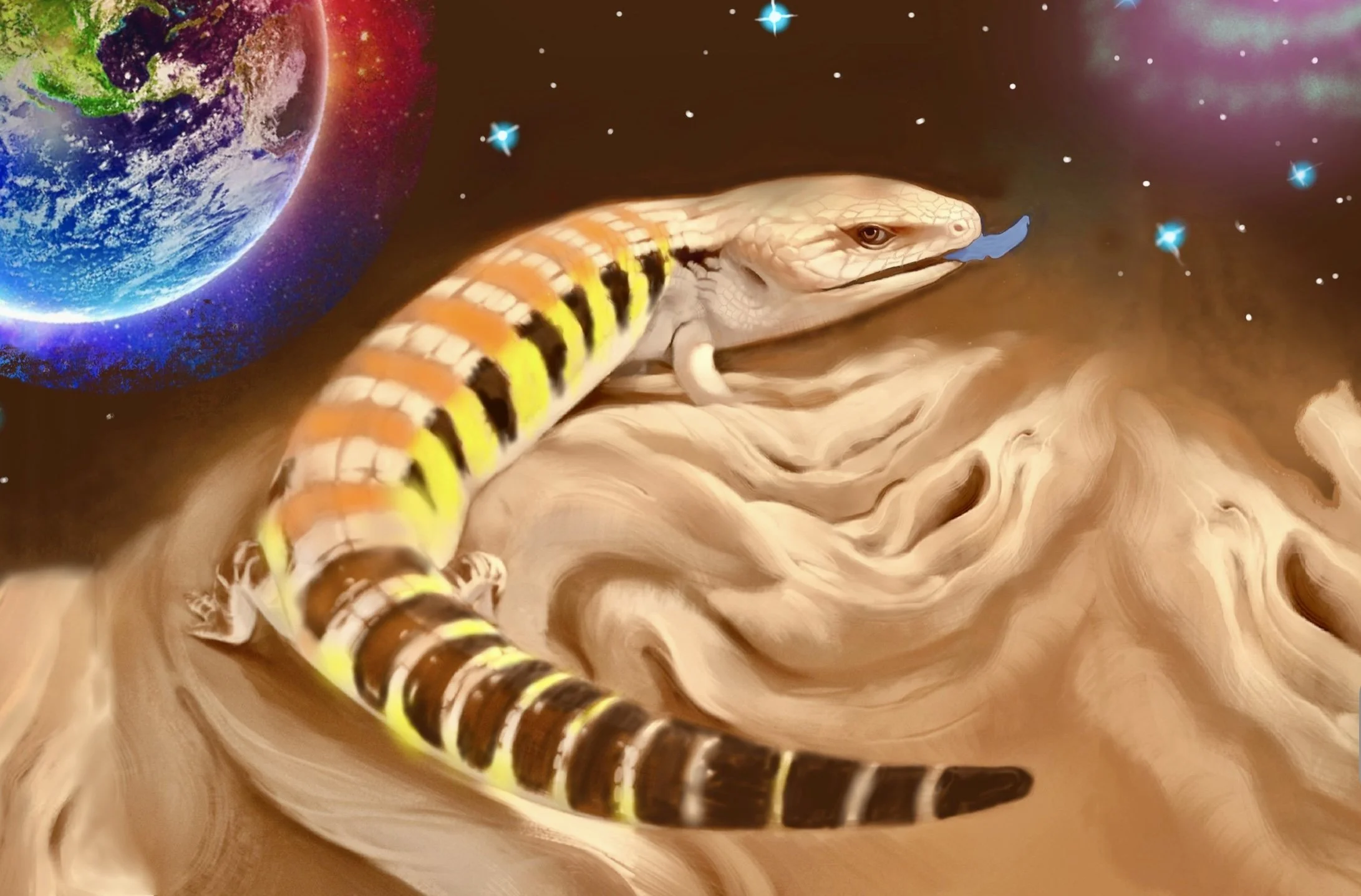 A surreal digital art depiction of a gecko with a colorful tail and an elongated tongue, floating above a swirling desert landscape with distant stars and planets, including Earth visible in space.