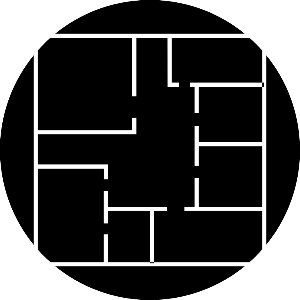 A digital illustration of a multi-room floor plan with black rooms and white walls on a black background.