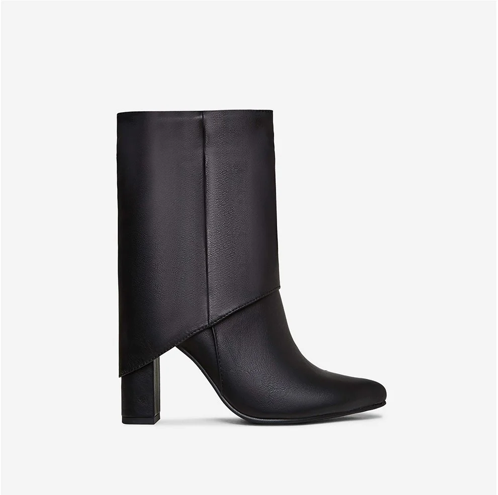 Black high-heeled ankle boot made of smooth leather with a square heel and pointed toe.