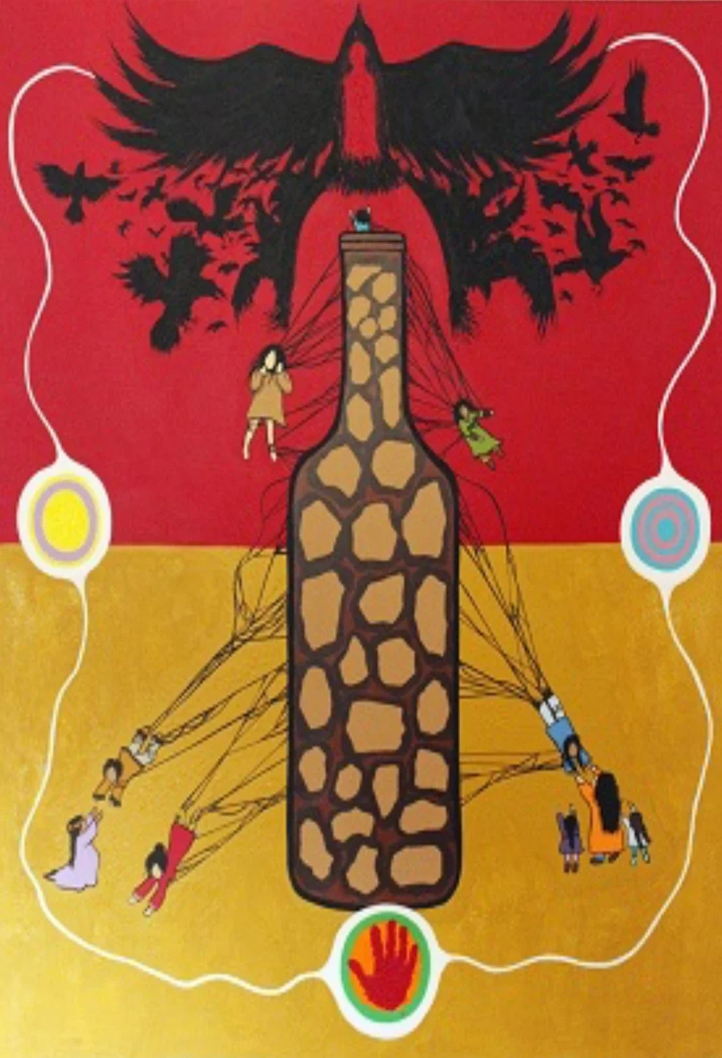 A collage with a central giraffe with a patterned neck, with children hanging from its spots and a large black bird shape with spread wings above, against a red and yellow background. colorful circles with symbols along the borders.