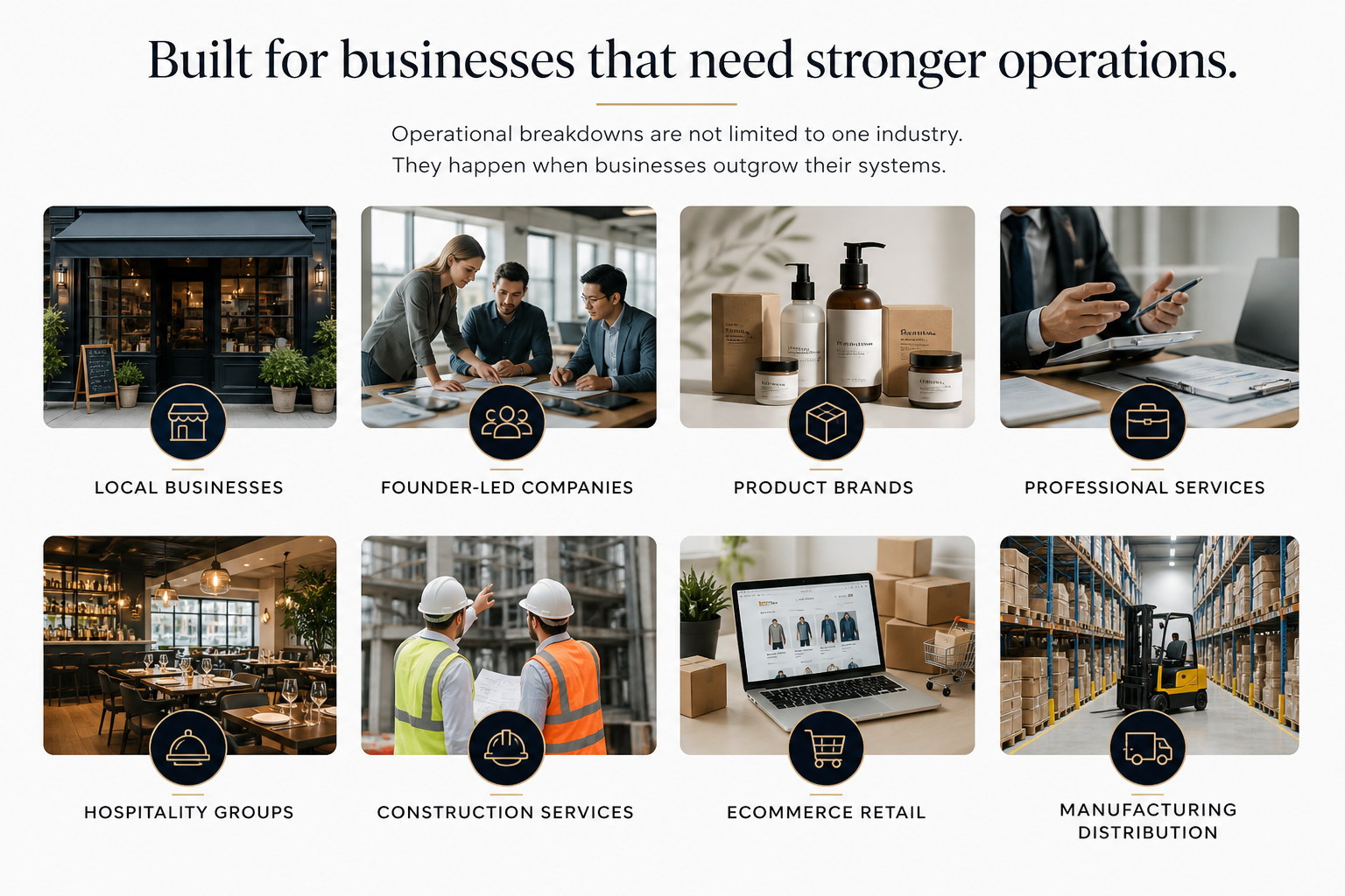 A graphic displaying different types of businesses; from top left to bottom right: a storefront representing local businesses, people in a meeting symbolizing founder-led companies, product bottles for product brands, a person working with documents for professional services, a restaurant interior for hospitality groups, construction workers for construction services, an online shopping website for e-commerce retail, and a warehouse with a forklift for manufacturing distribution.
