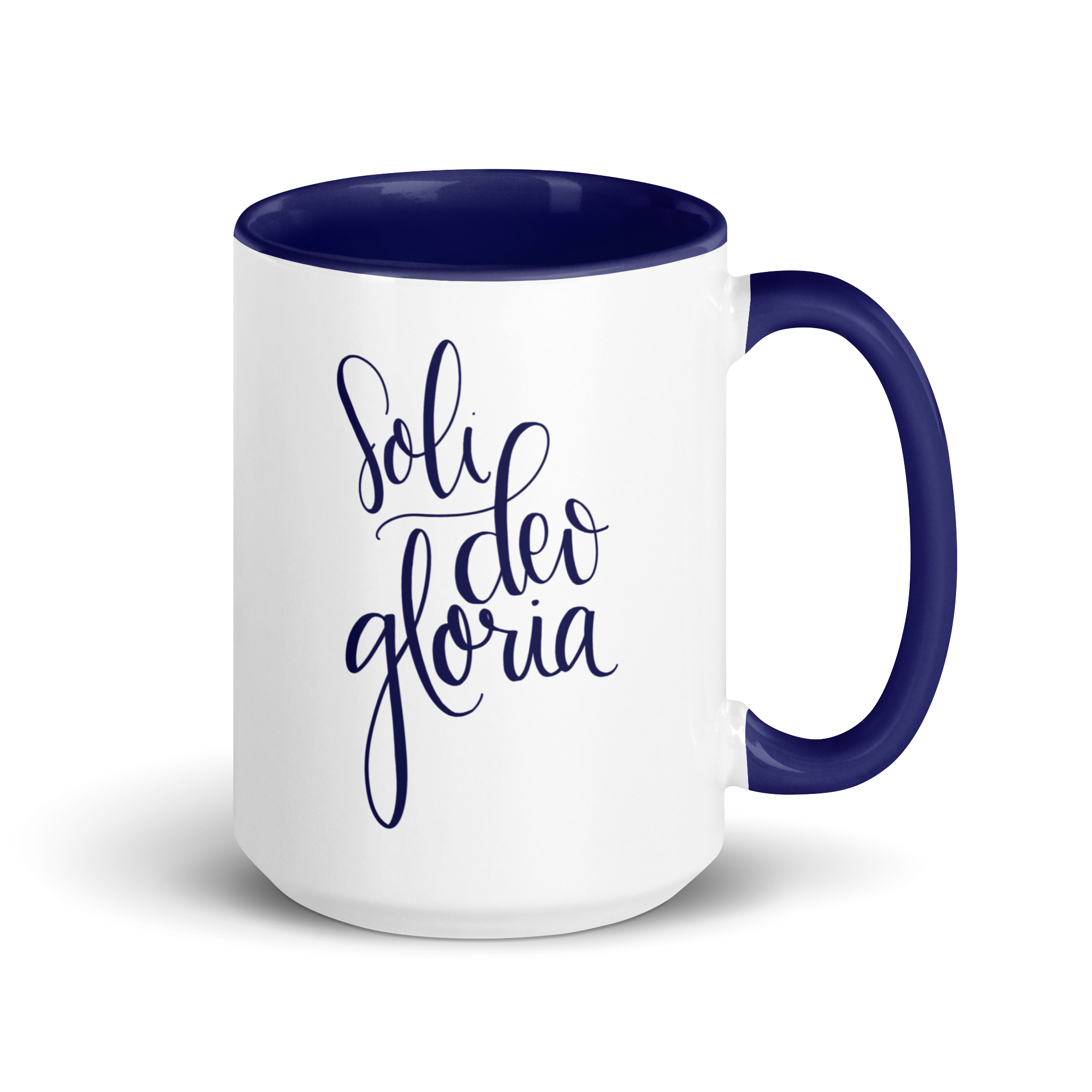 soli deo gloria ceramic mug in dark blue