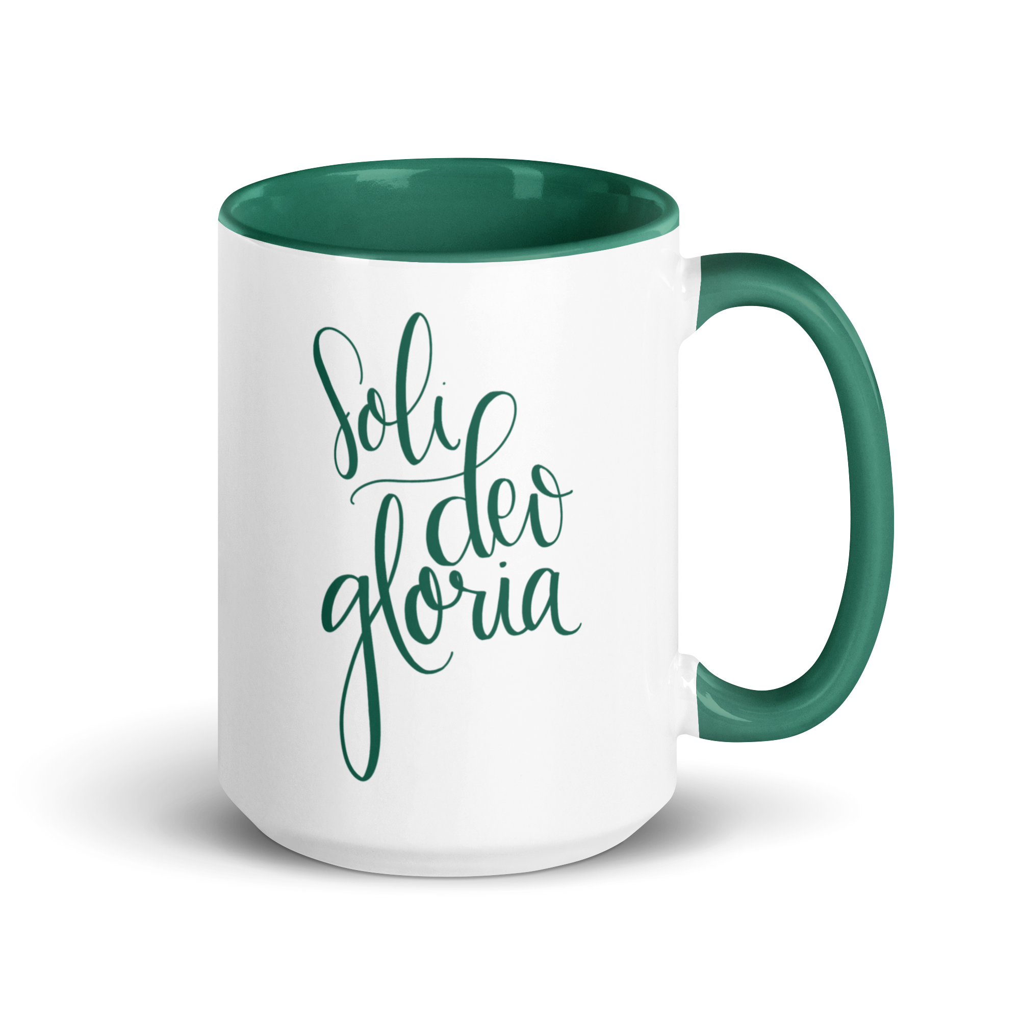 soli deo gloria ceramic mug in dark green
