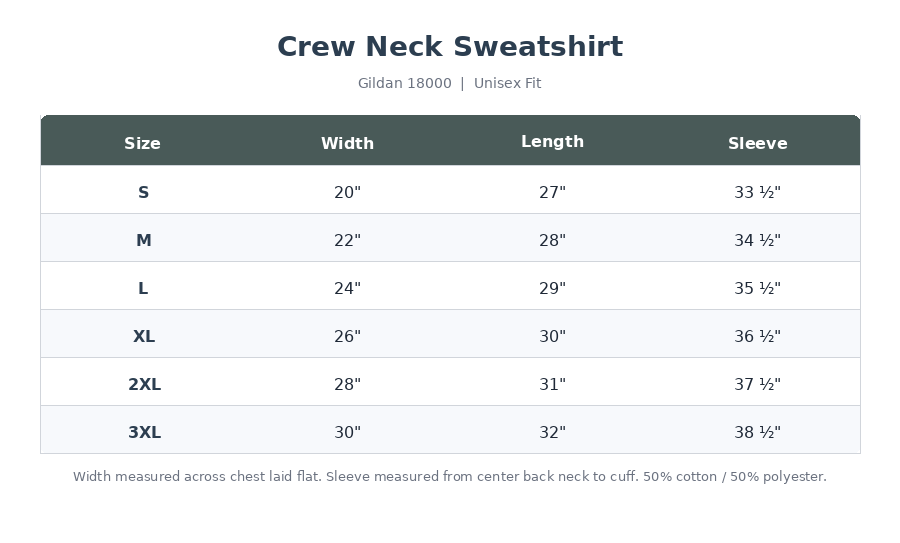 Sizing chart for Crew Neck Sweatshirt by Gildan 18000, showing measurements for sizes S to 3XL in width, length, and sleeve length.