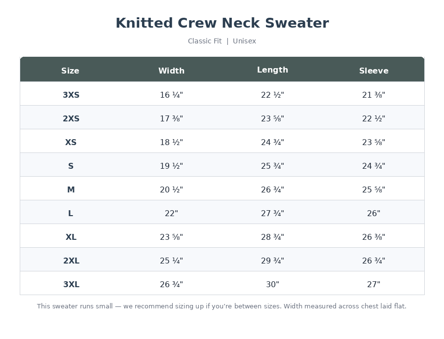 Size chart for knitted crew neck sweater, unisex, with measurements for sizes 3XS through 3XL, including width, length, and sleeve length.