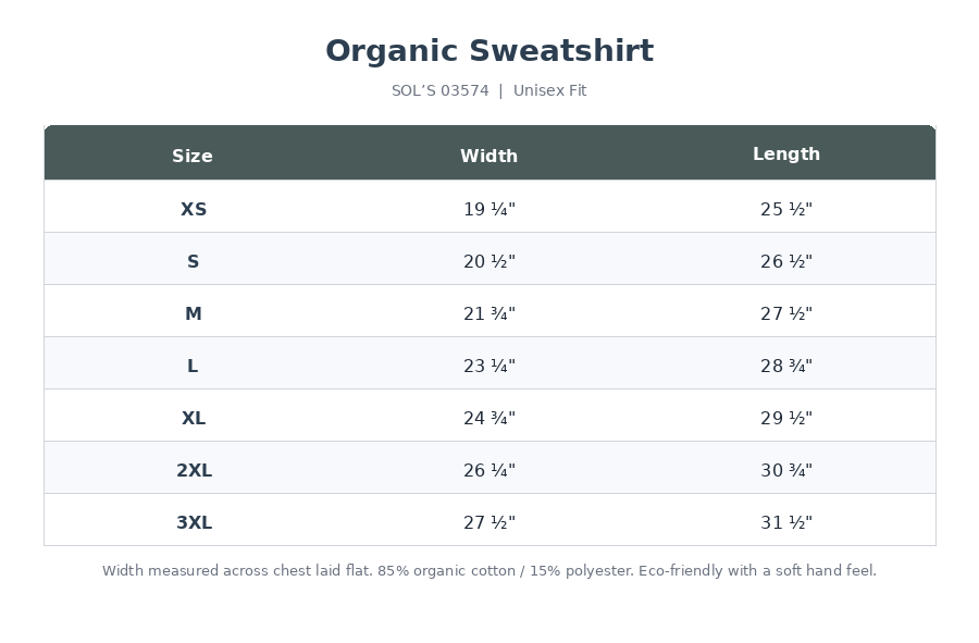 Size chart for organic sweatshirt, unisex fit, with measurements for XS to 3XL, including width and length in inches.