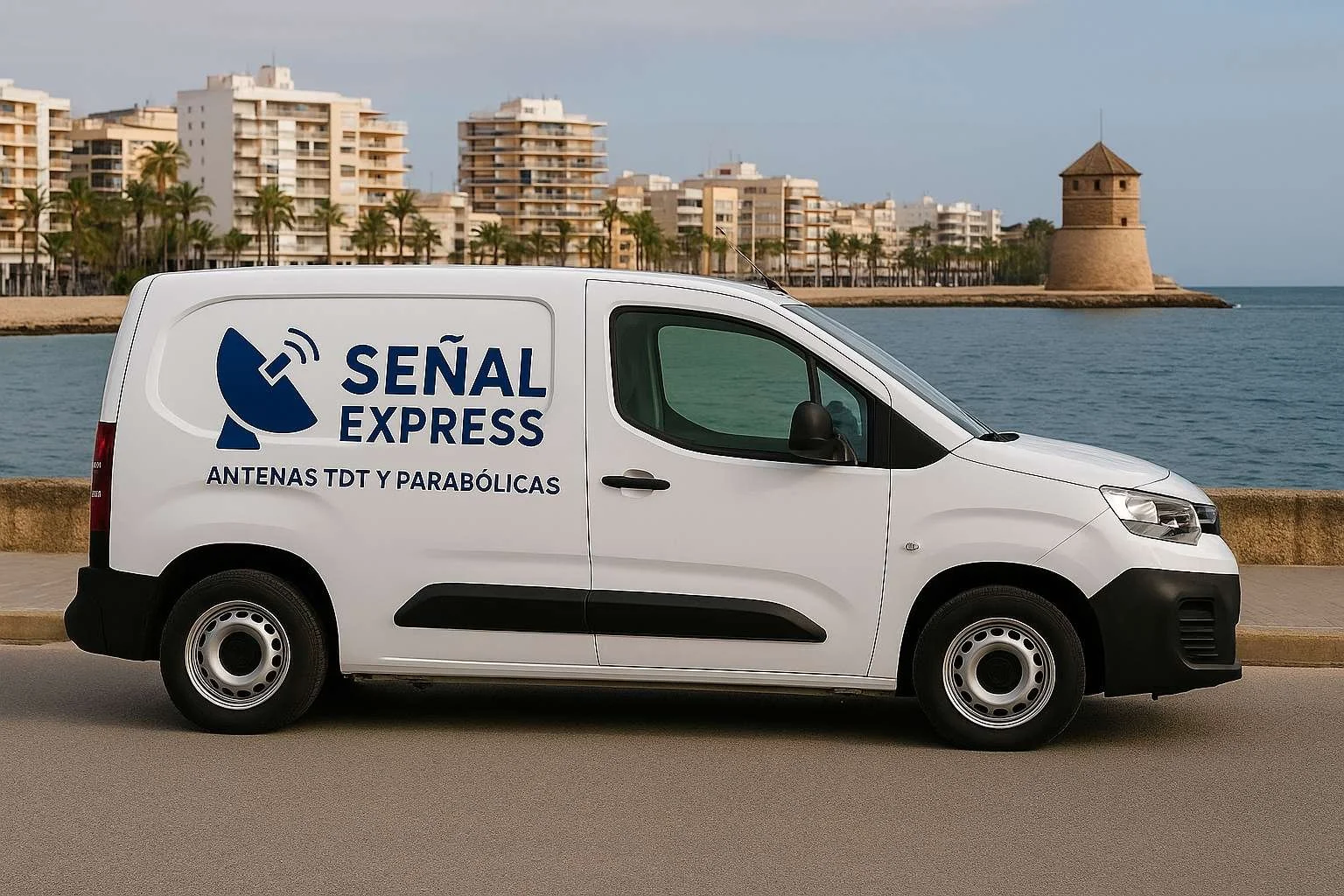 Furgoneta blanca de servicios de señal con logo de antenas TDT y parabólicas, estacionada junto a un malecón con vista al mar y edificios urbanos y torre en el fondo.