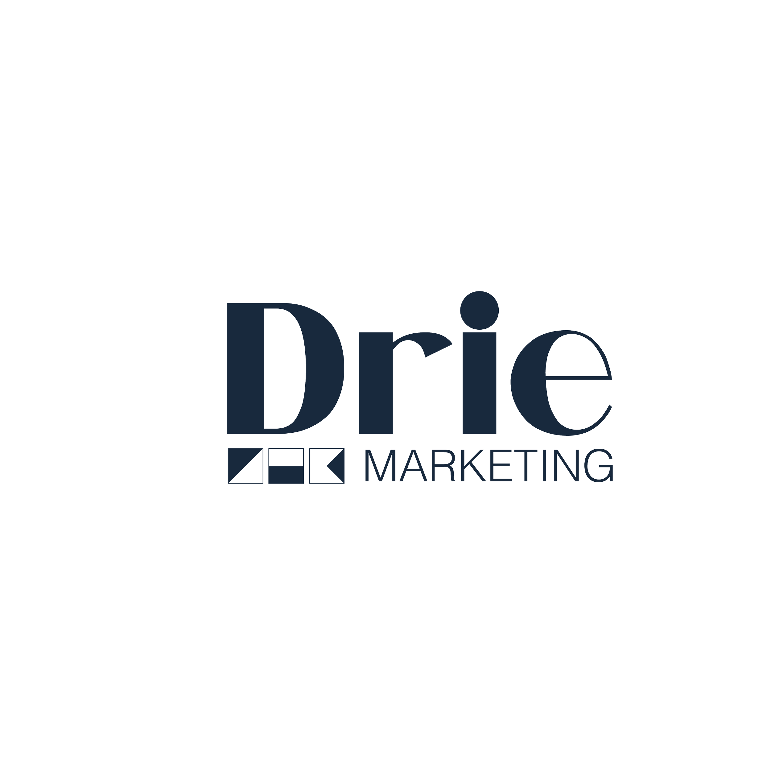 Logo for Drie Marketing with stylized geometric icons and text in dark blue on a black background.