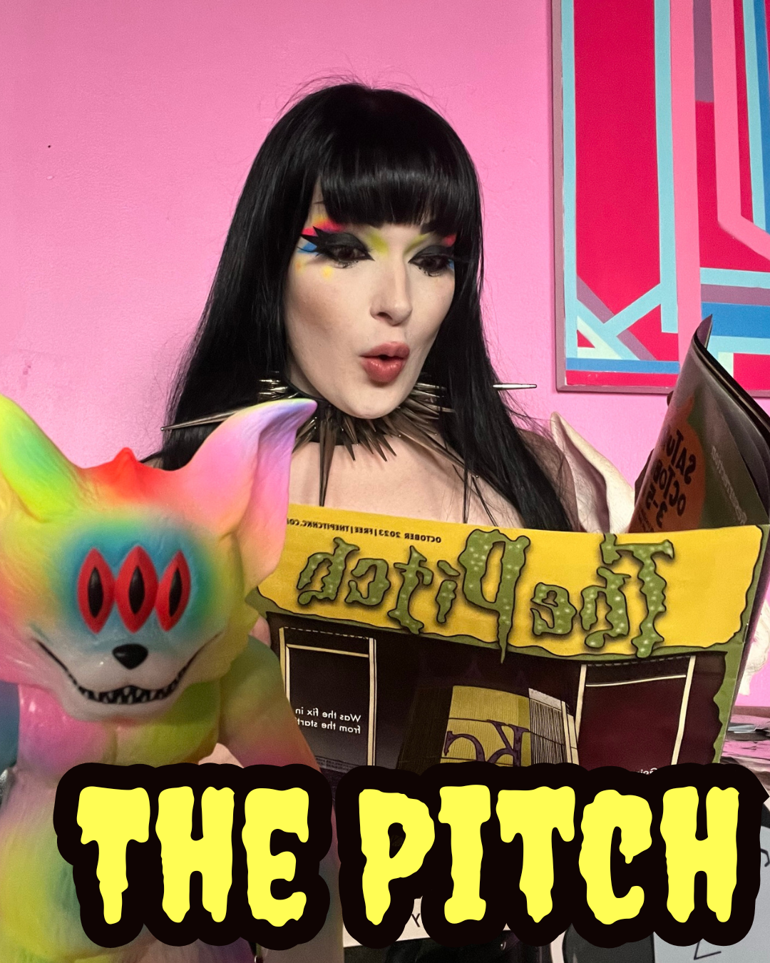 Girl looks down at Magazine with a Monster Toy in Front of Her. Text Says "The Pitch"