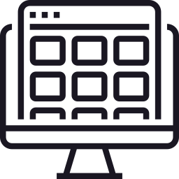 Outline of a computer monitor displaying a grid of icons or app tiles.