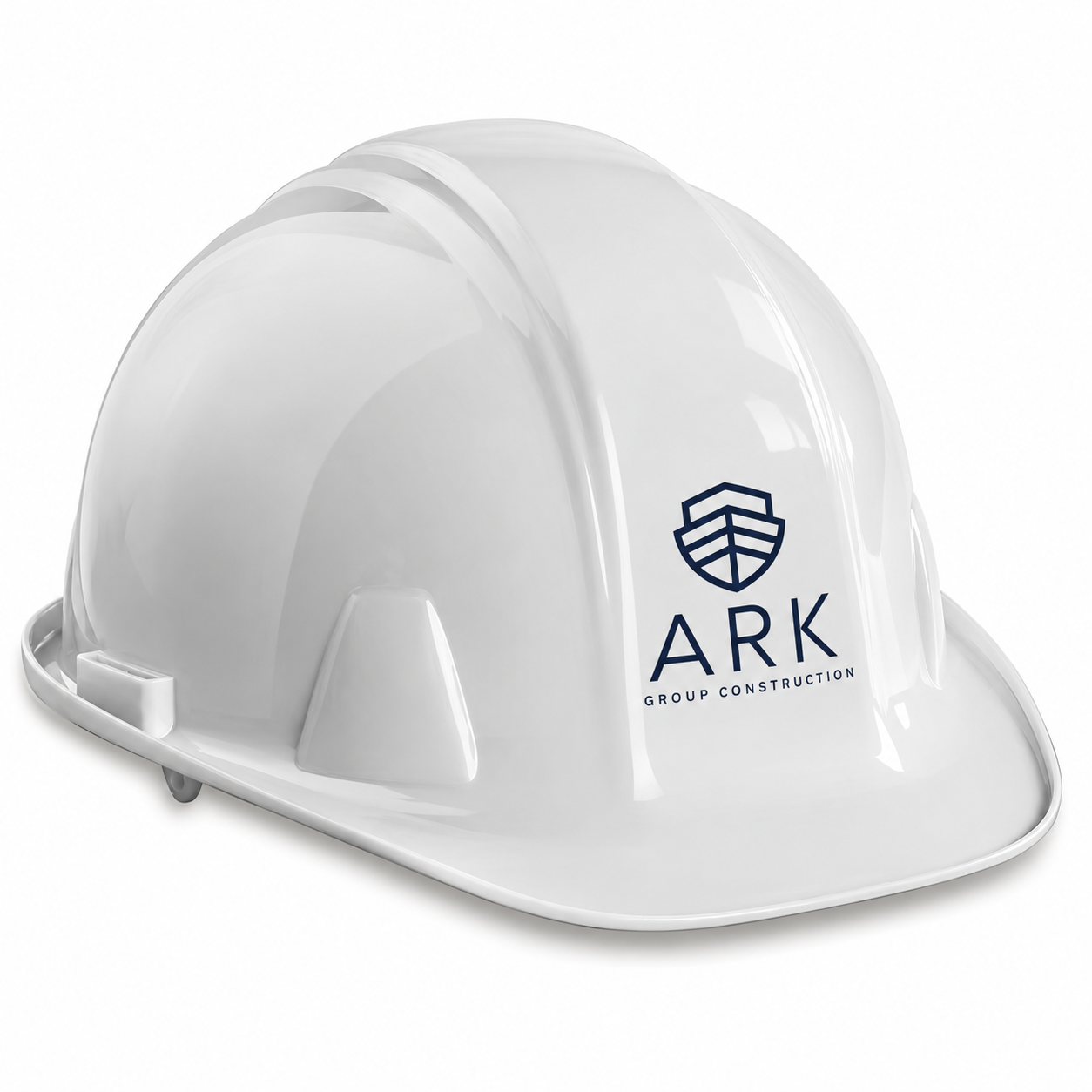 White safety construction helmet with ARK Group Construction logo on the front.