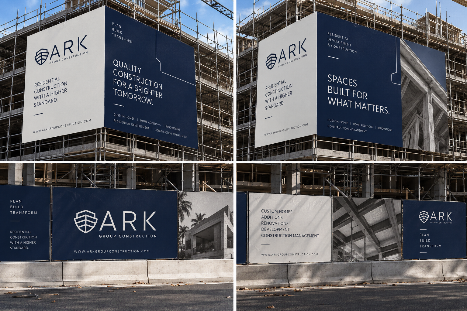 Construction site with scaffolding and banners promoting ARK Group Construction, featuring company logo, slogans, and images of modern residential buildings.