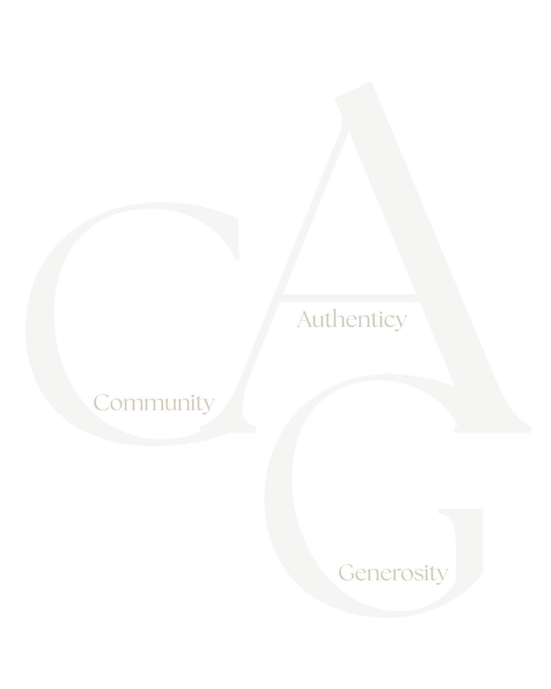 Text graphic with words 'Community', 'Authenticity', 'Generosity', and 'Connection' arranged with lines connecting them.