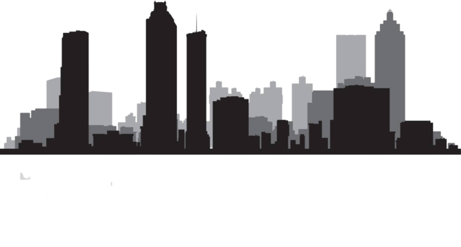 Silhouette of Atlanta's skyline with tall buildings against a dark sky.