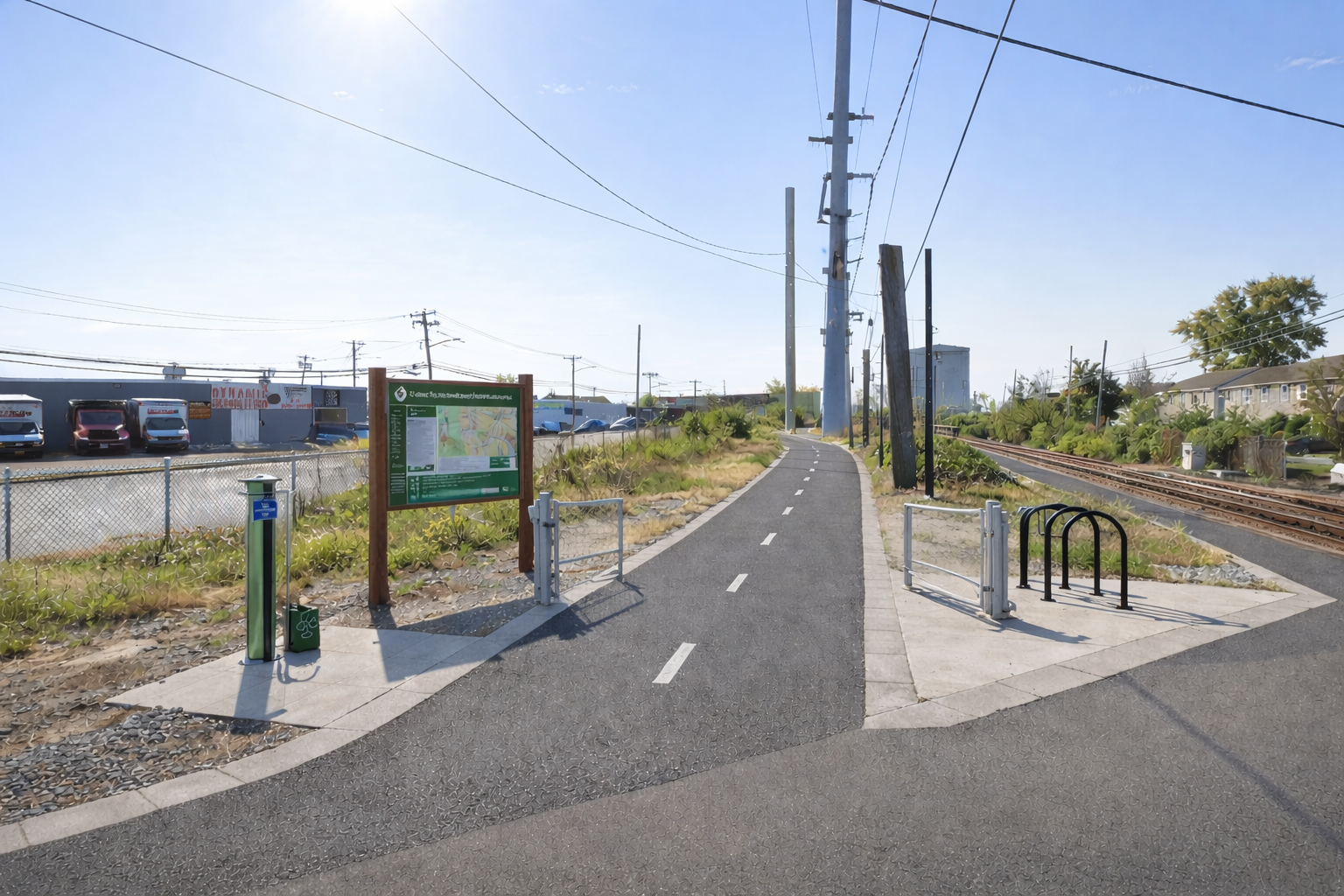 A paved bike and pedestrian path running alongside train tracks with utility poles and electric wires overhead. There is a green informational sign, bike rack, and trash can at the start of the path. To the left, parking spaces with several cars are visible, separated by a chain-link fence. A fence and industrial building are in the background. The sky is clear with minimal clouds.