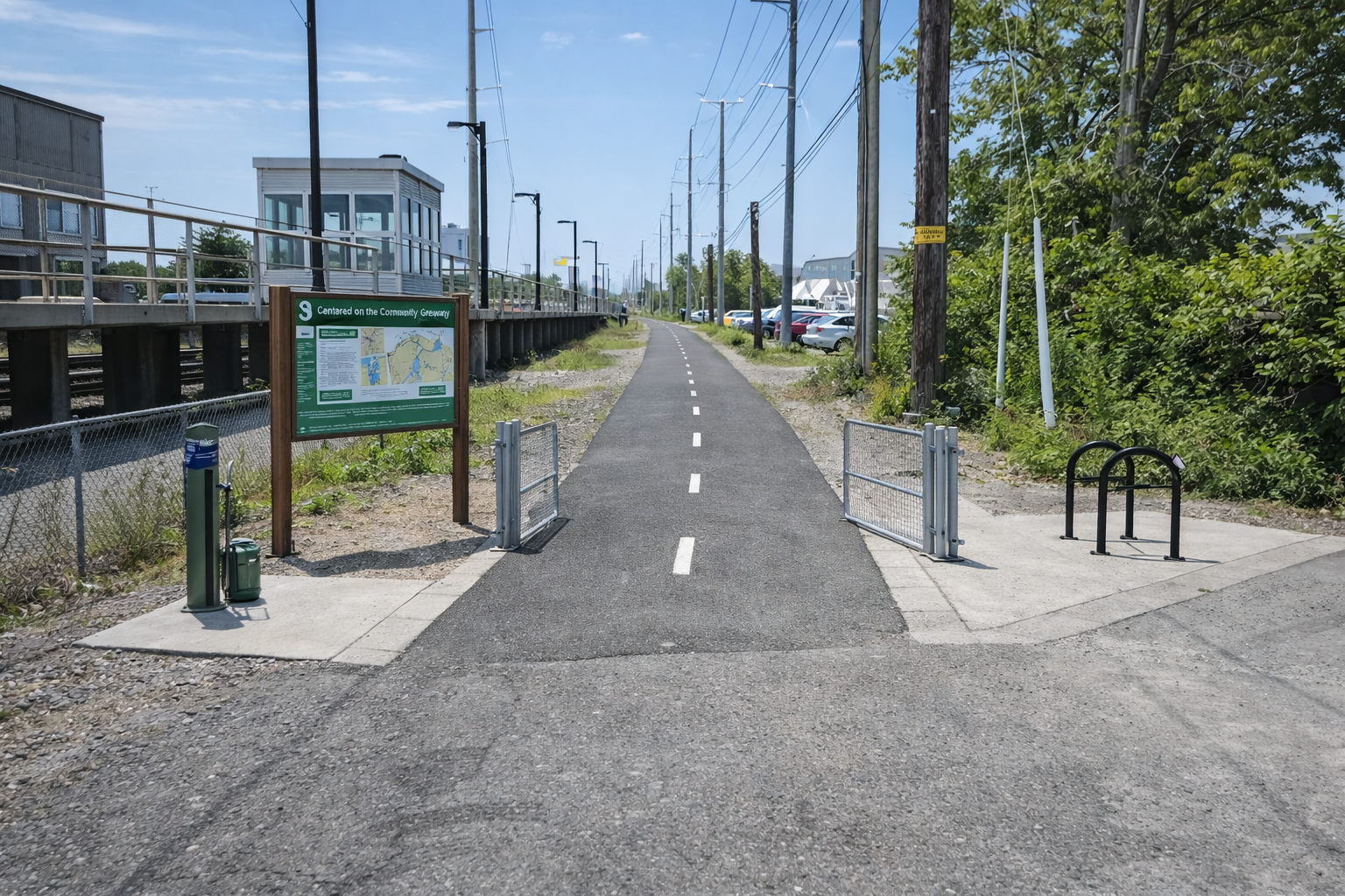 A paved bicycle path runs through an urban area, with a community greenway sign on the left and bike racks on the right, along with power lines and greenery on both sides.