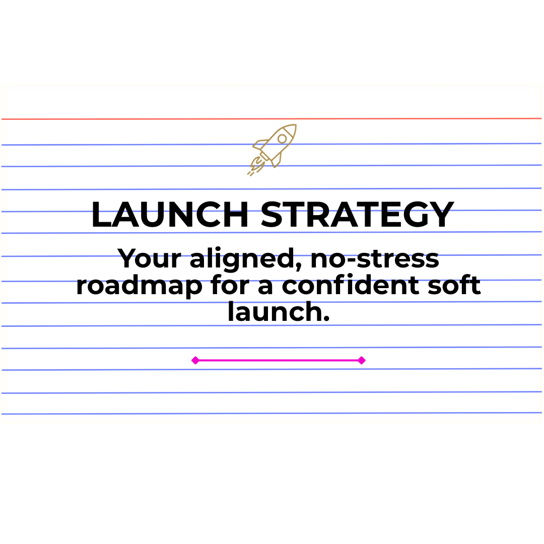 Design of a launch strategy document with a rocket icon, featuring blue and red paper lines background, and bold text that reads 'LAUNCH STRATEGY Your aligned, no-stress roadmap for a confident soft launch.'