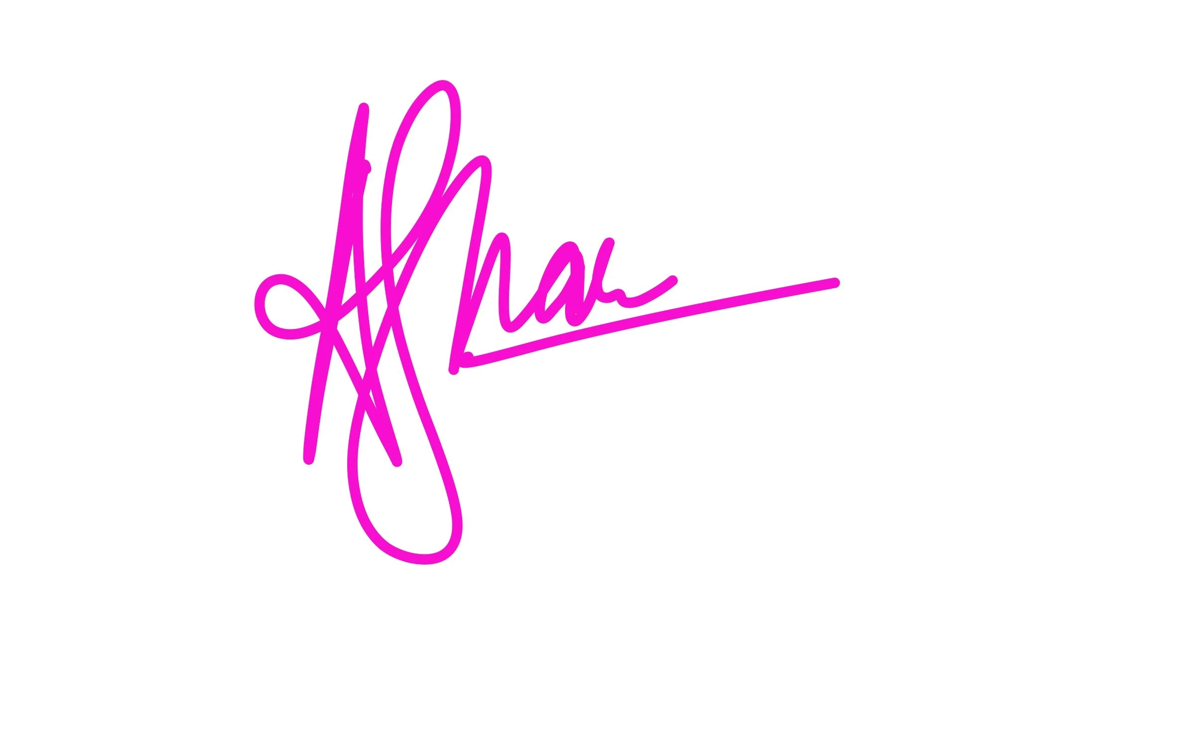 Pink handwritten signature on white background.