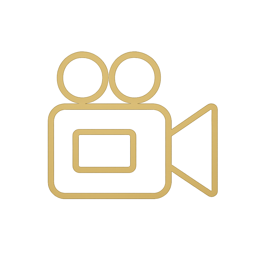 Gold outline icon of a video camera with two people filming.