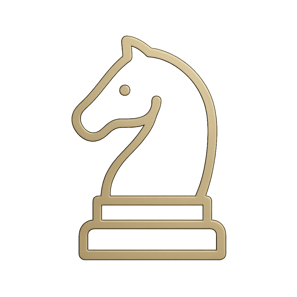 A metallic chess knight piece, gold in color, with a stylized design and a sturdy base.