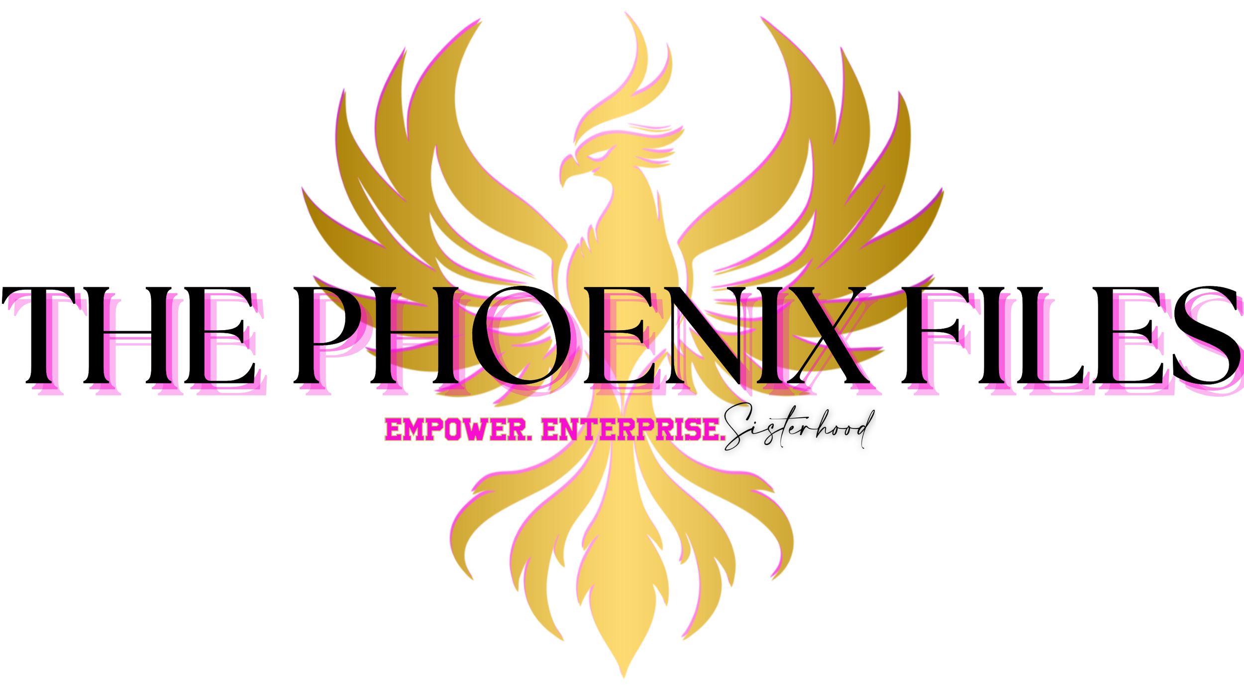Logo for The Phoenix Files featuring a golden phoenix with spread wings, with the text 'The Phoenix Files' and the tagline 'Empower. Enterprise. Sisterhood' displayed in purple and pink.