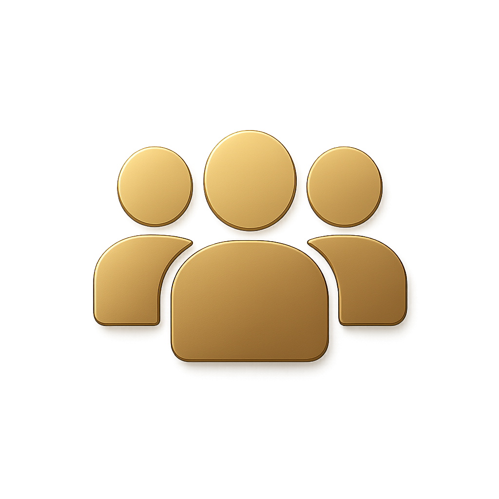 A gold icon representing a group of three people, with two smaller figures on either side of a larger central figure.