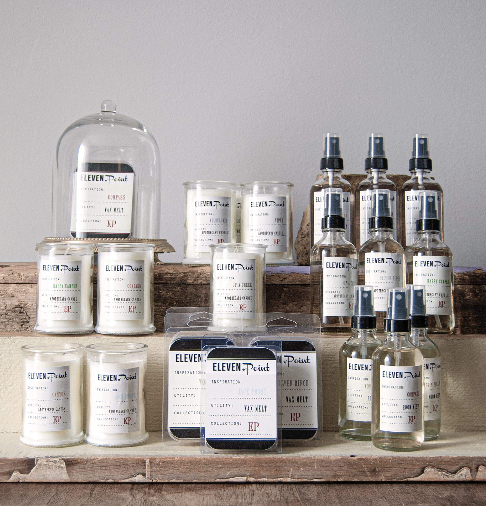 Comprehensive creative direction and graphic design for Eleven Point Fragrance Merchants — including packaging, marketing materials, photography, and trade show displays.