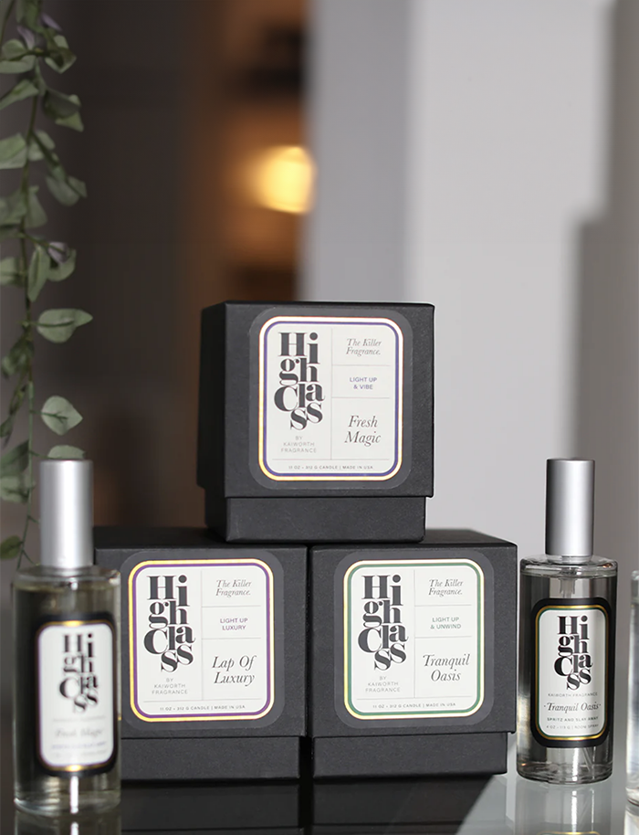 Packaging design for Kaiworth’s High Class Collection — a striking line of odor-fighting candles and room sprays with luxury appeal.