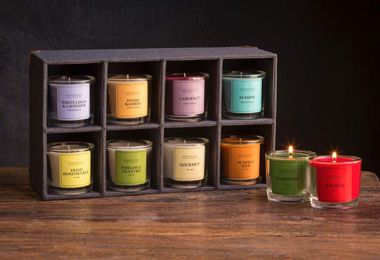 Comprehensive packaging refresh and graphic design for Scentations International — including marketing materials, private label graphics, and product photography.