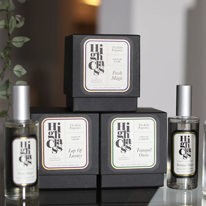 high class by Kaiworth Fragrance packaging and room mists
