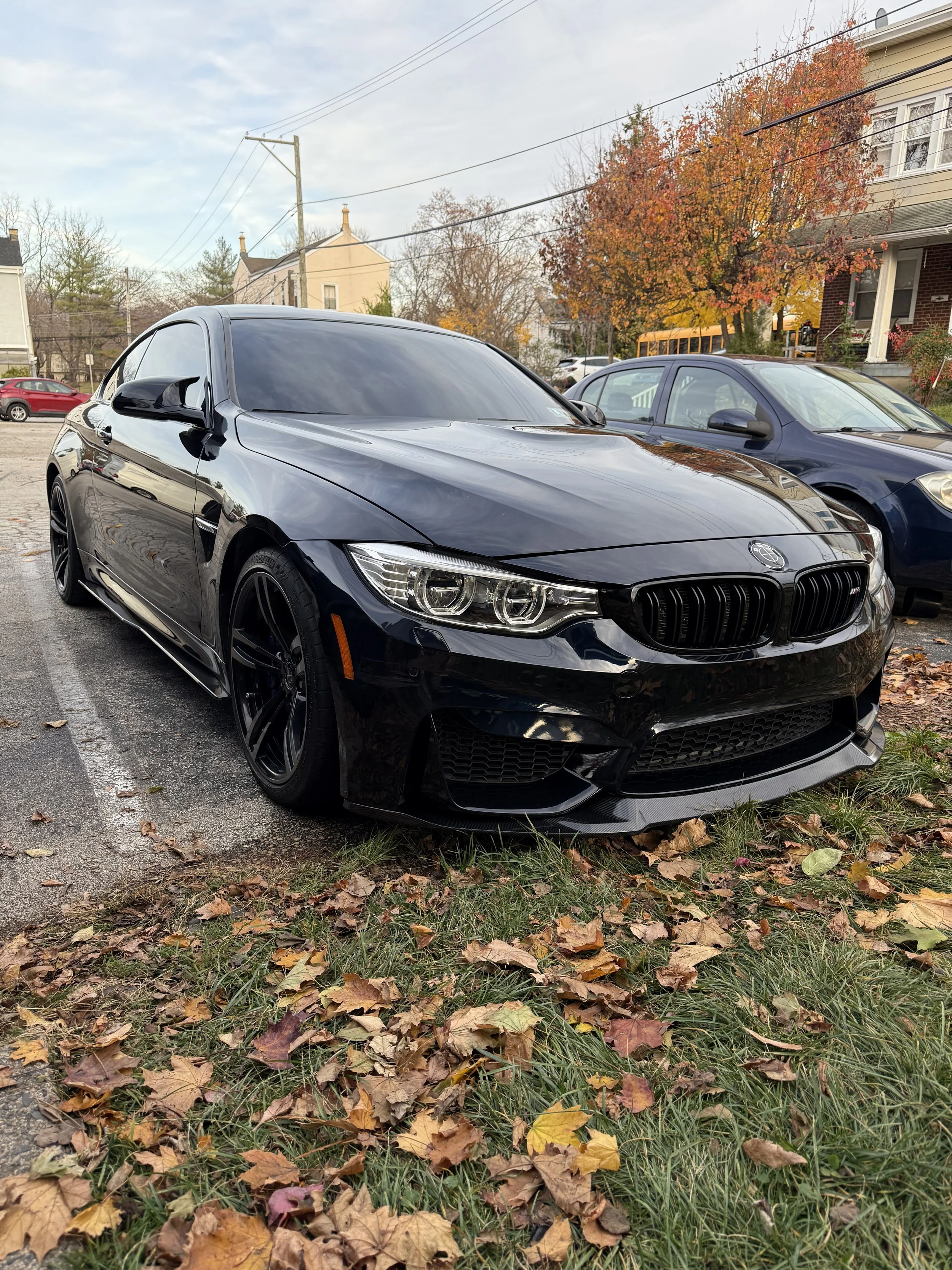 A black BMW sports car parked on the side of a street with colorful autumn leaves on the ground and trees in the background.