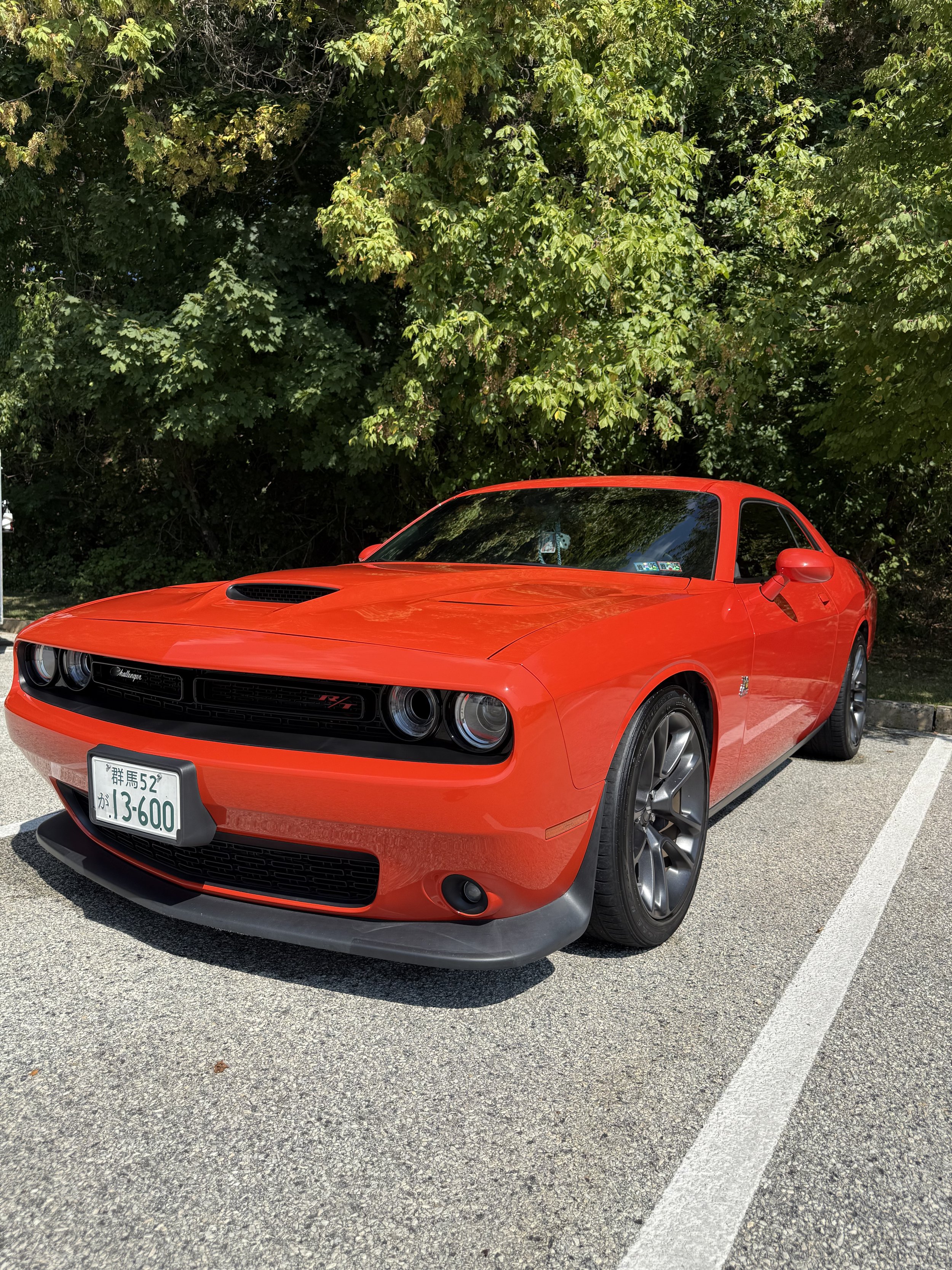Red Dodge Challenger R/T muscle car parked in a parking lot with green trees in the background.