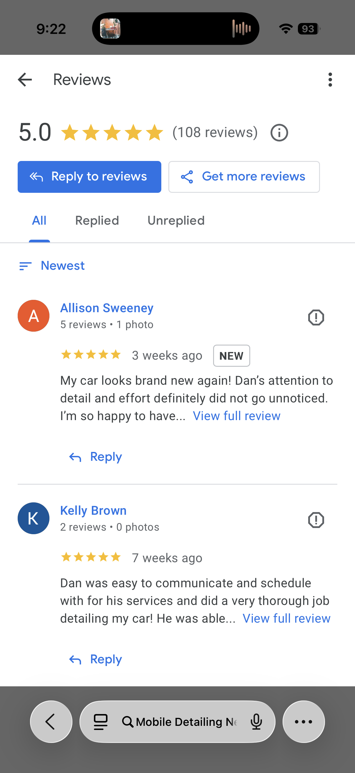Screenshot of Google reviews for a car detailing service, showing a 5-star rating from two reviews with comments about car detailing quality and customer service.