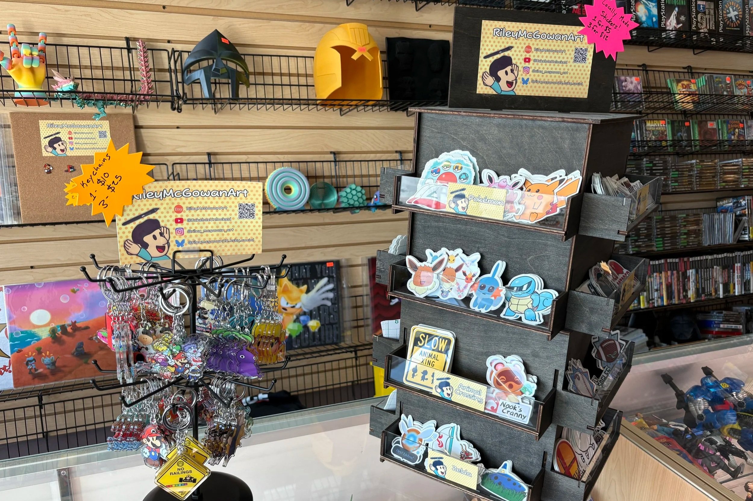 One of the in person sales stands at Game Exchange in Media, PA. The stock here is mostly all based on video games, as it is a retro video game store. There are also some Philly sports and Media, PA designs here.
