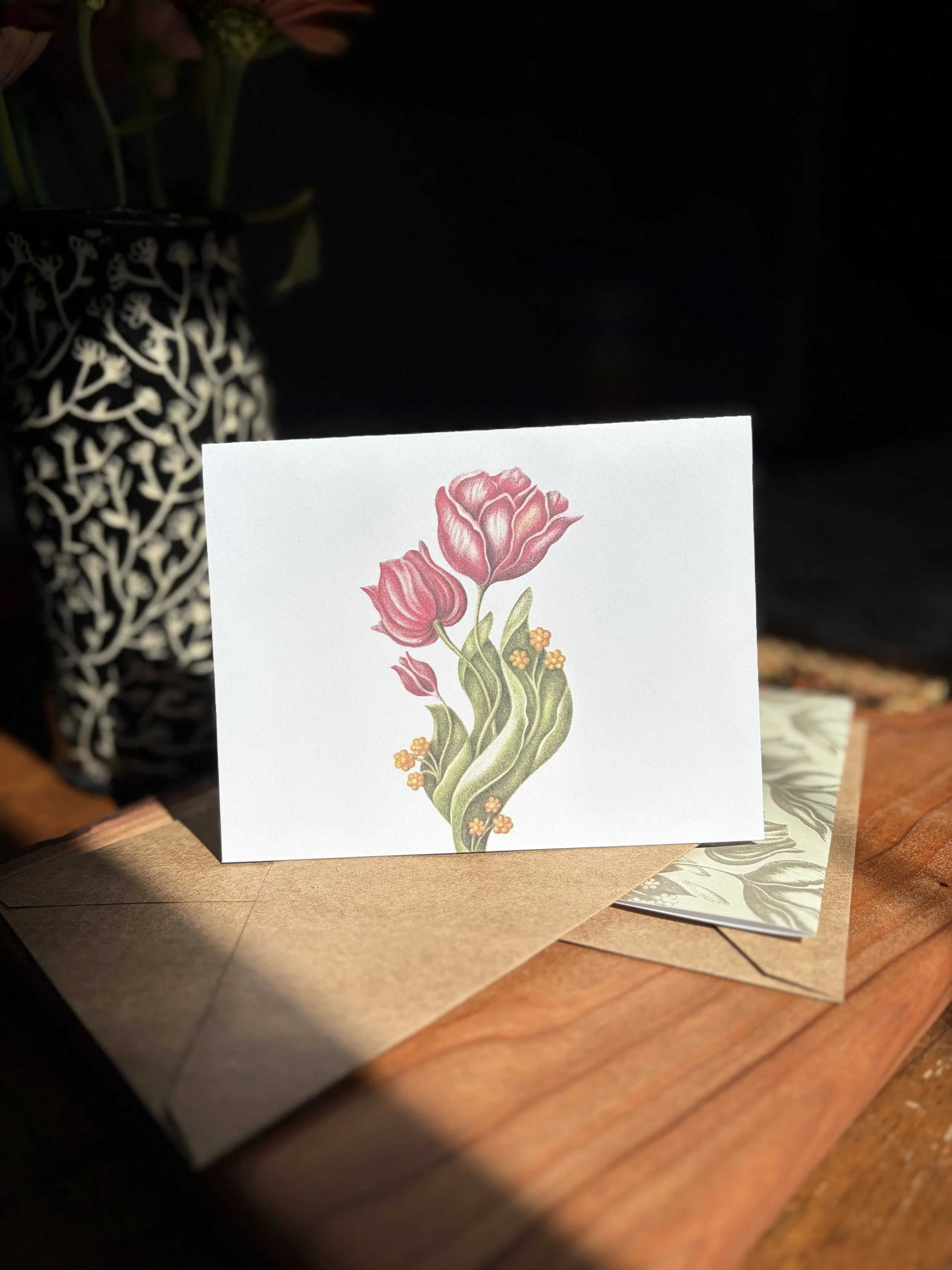 Image of hand drawn tulip notecard on table