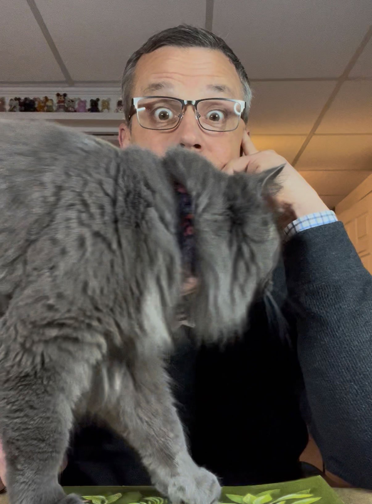 Image of me with Luna the cat walking across a desk